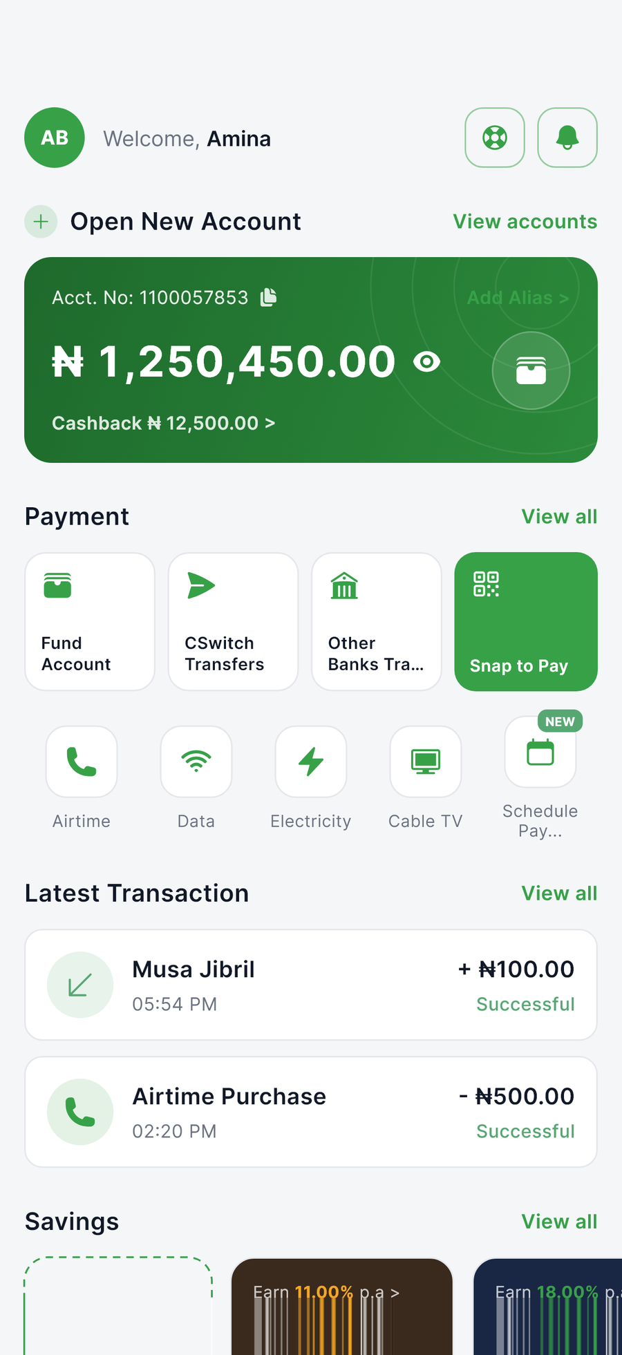 Latest transactions on the CSwitchPay home screen