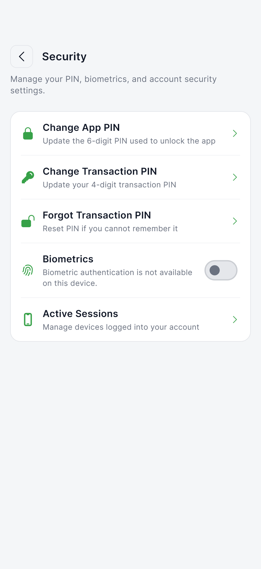 Security settings with transaction PIN and biometrics