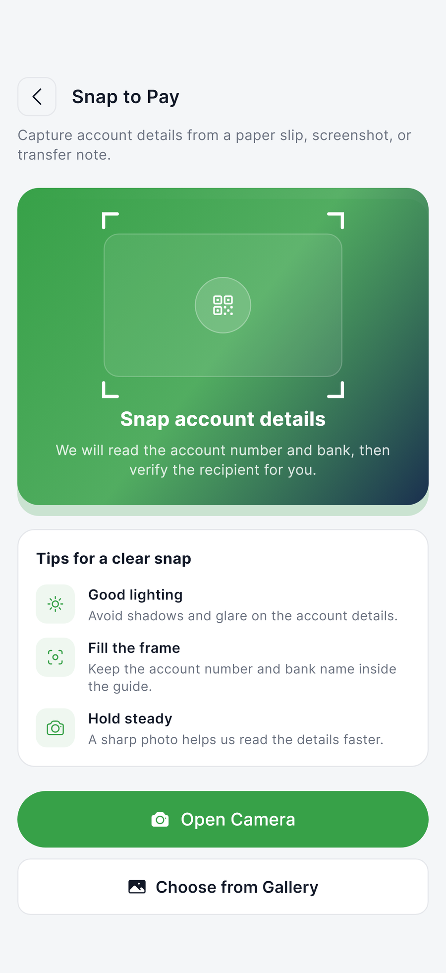 Snap to Pay reading account details before a transfer